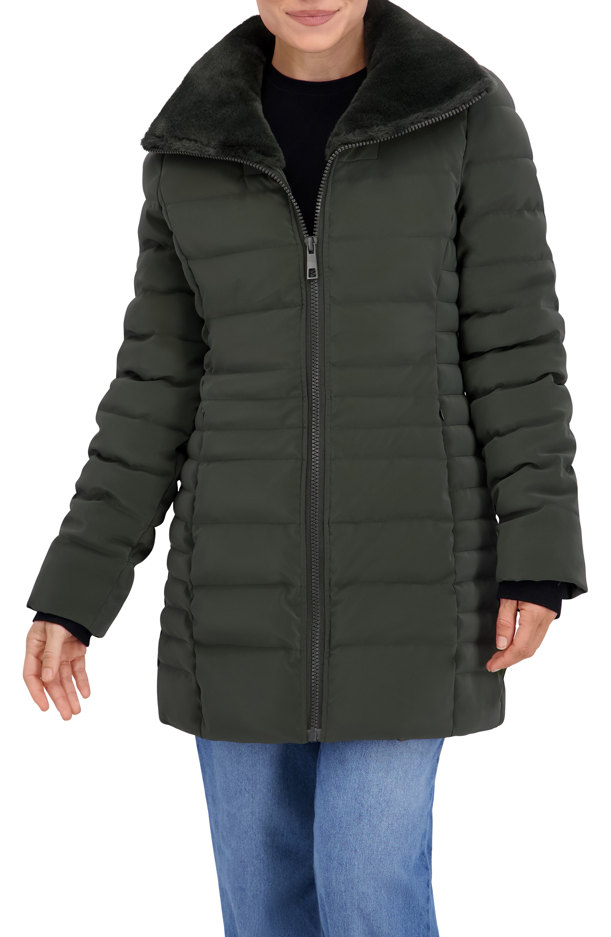 Quilted Carbon Puffer Stadium Coat w/Faux Fur Collar