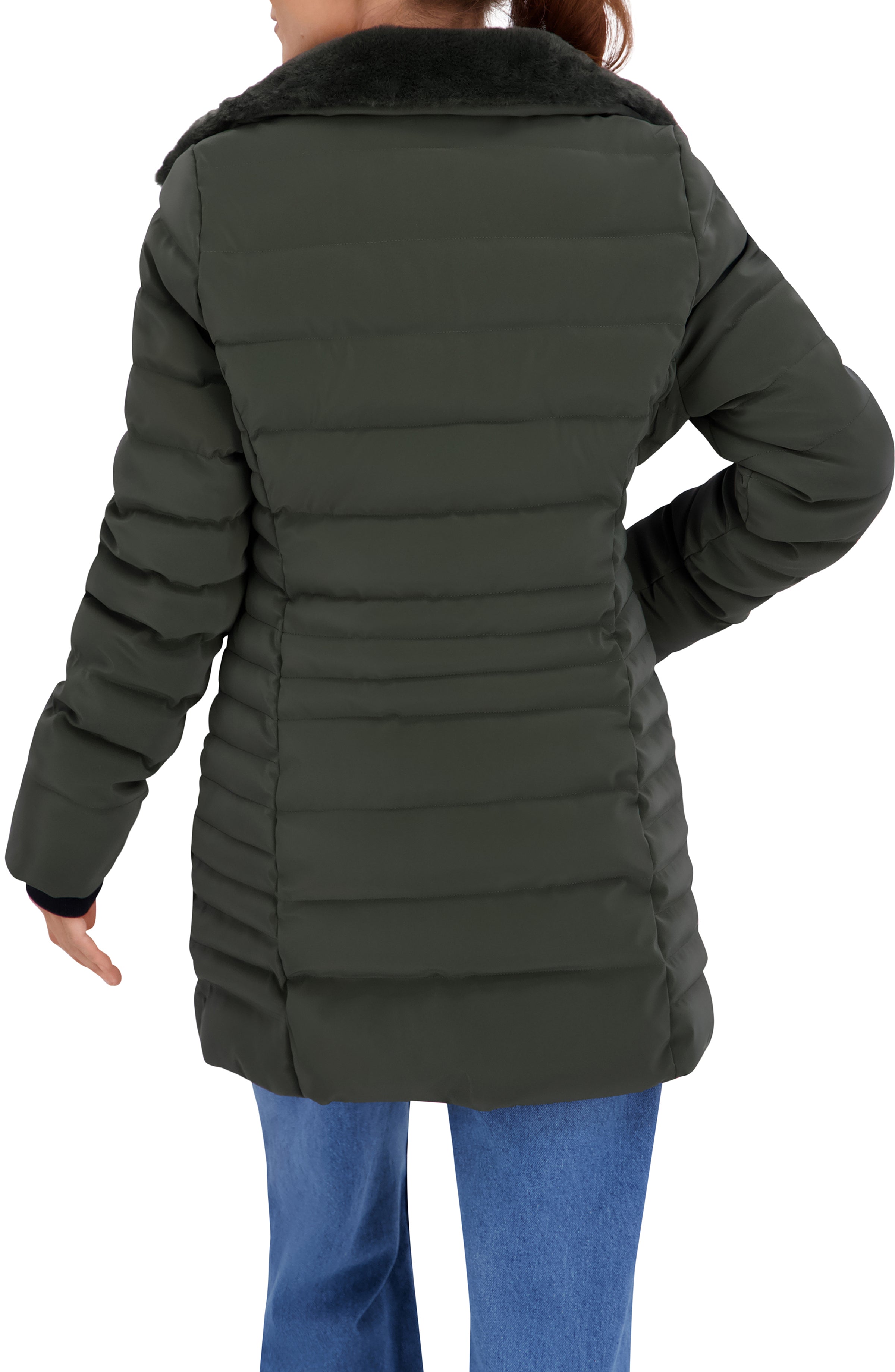Quilted Carbon Puffer Stadium Coat w/Faux Fur Collar