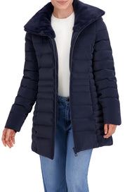 Quilted Carbon Puffer Stadium Coat w/Faux Fur Collar