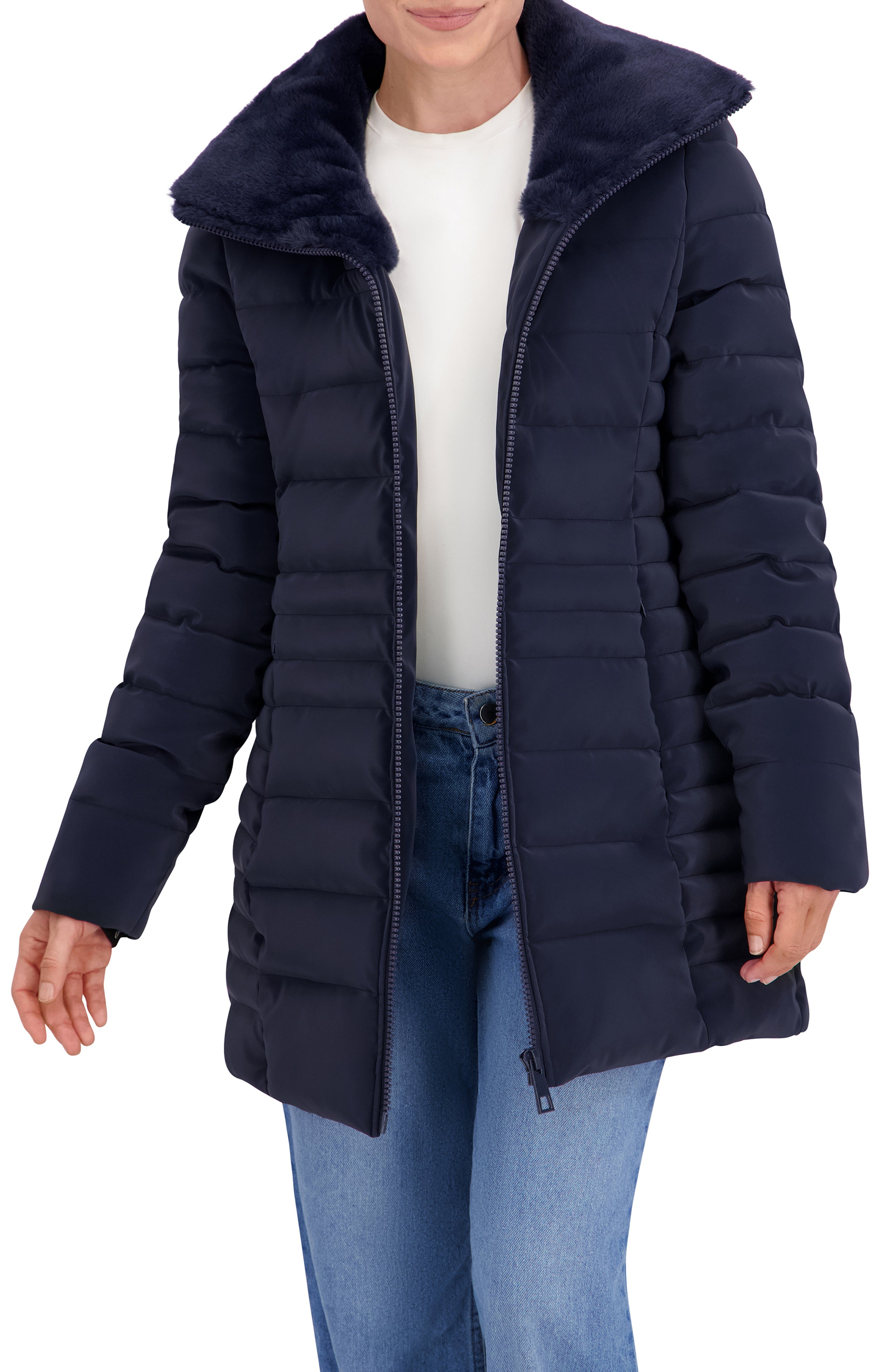Quilted Carbon Puffer Stadium Coat w/Faux Fur Collar