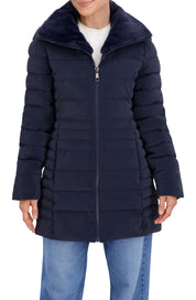 Quilted Carbon Puffer Stadium Coat w/Faux Fur Collar