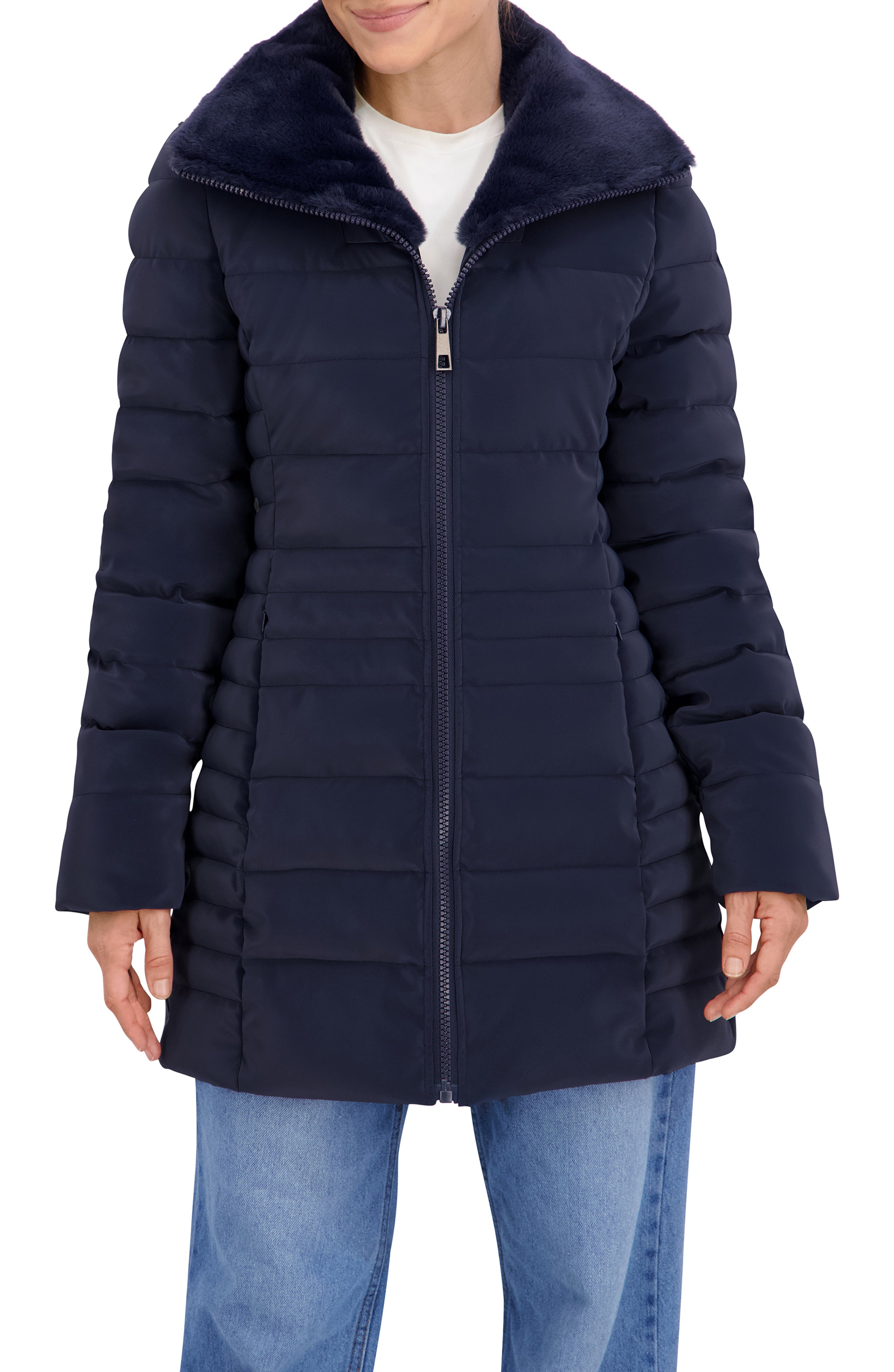 Quilted Carbon Puffer Stadium Coat w/Faux Fur Collar