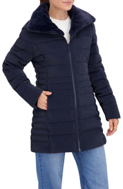 Quilted Carbon Puffer Stadium Coat w/Faux Fur Collar