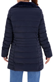Quilted Carbon Puffer Stadium Coat w/Faux Fur Collar