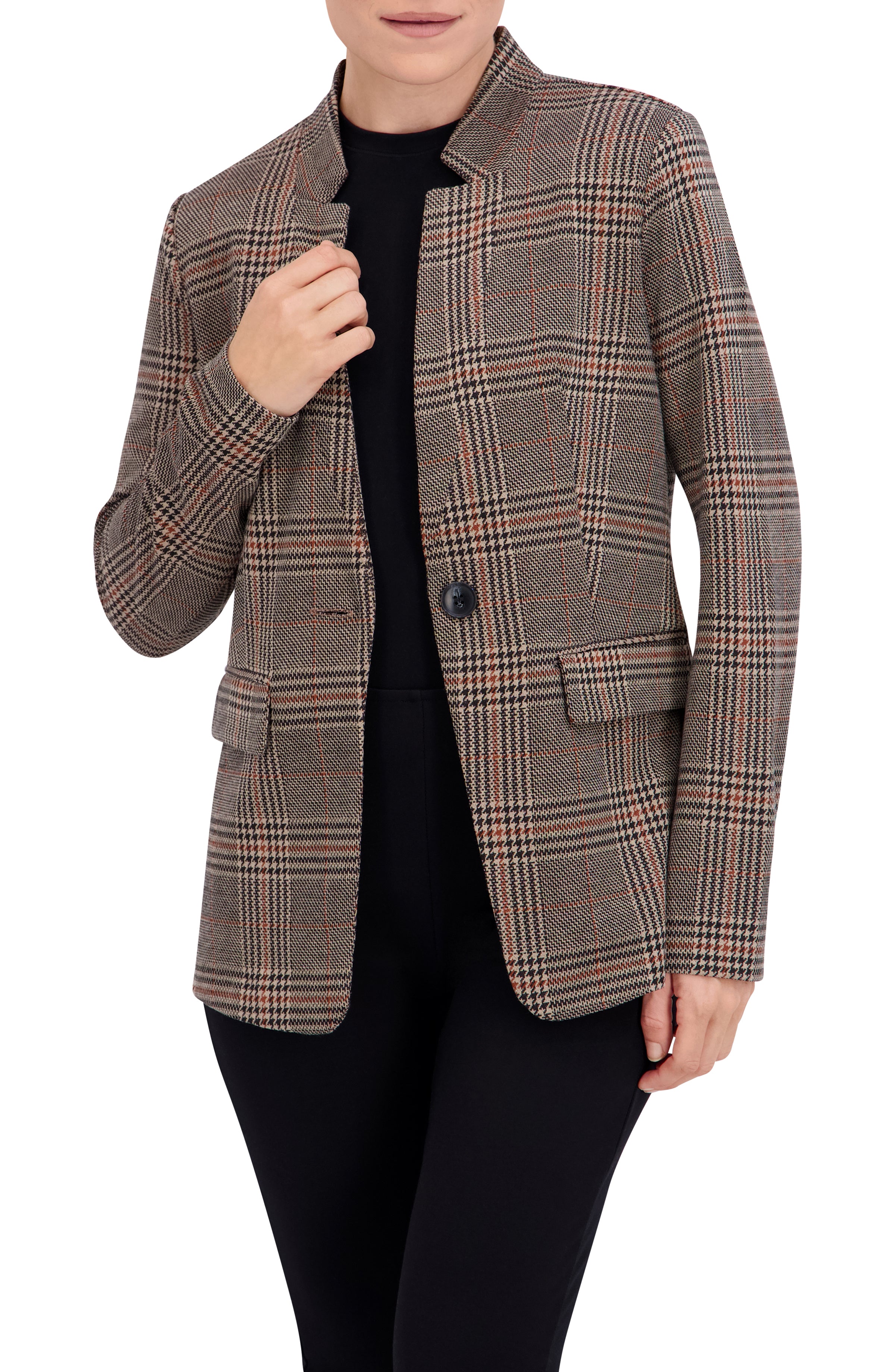 Inverted Collar Plaid One Button Unlined Blazer
