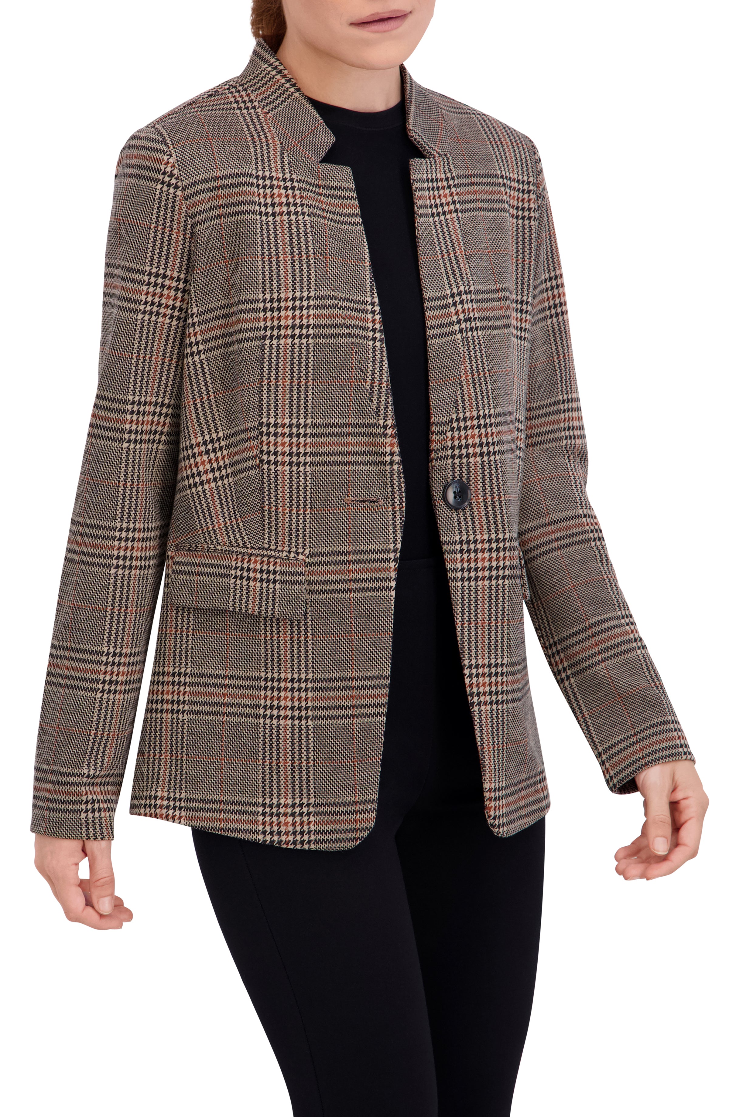 Inverted Collar Plaid One Button Unlined Blazer