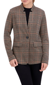 Inverted Collar Plaid One Button Unlined Blazer
