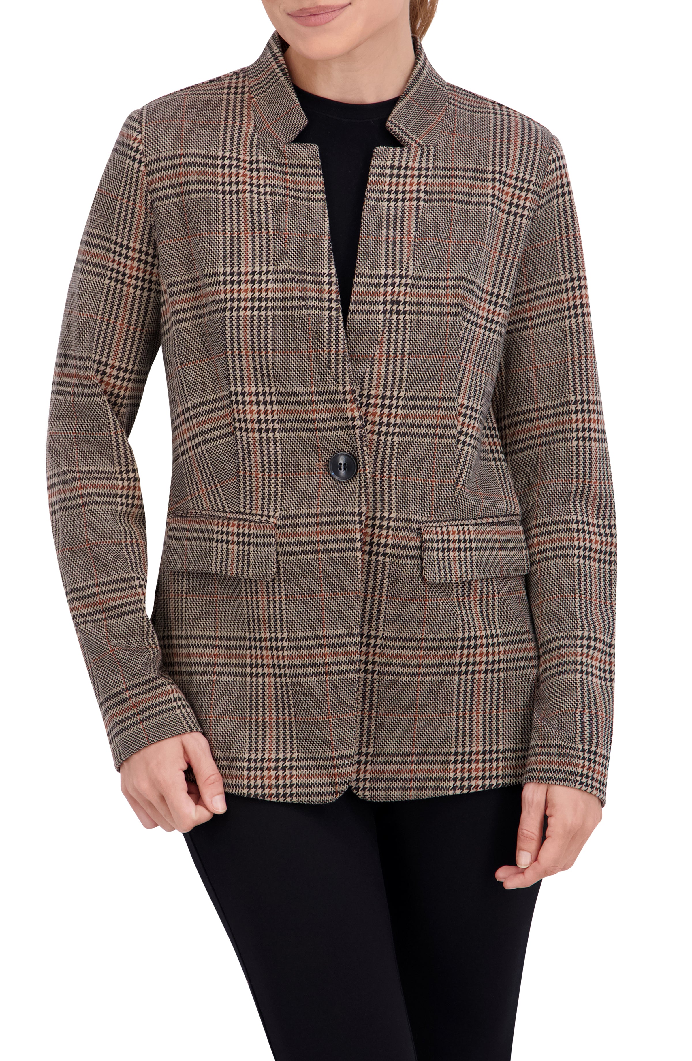 Inverted Collar Plaid One Button Unlined Blazer