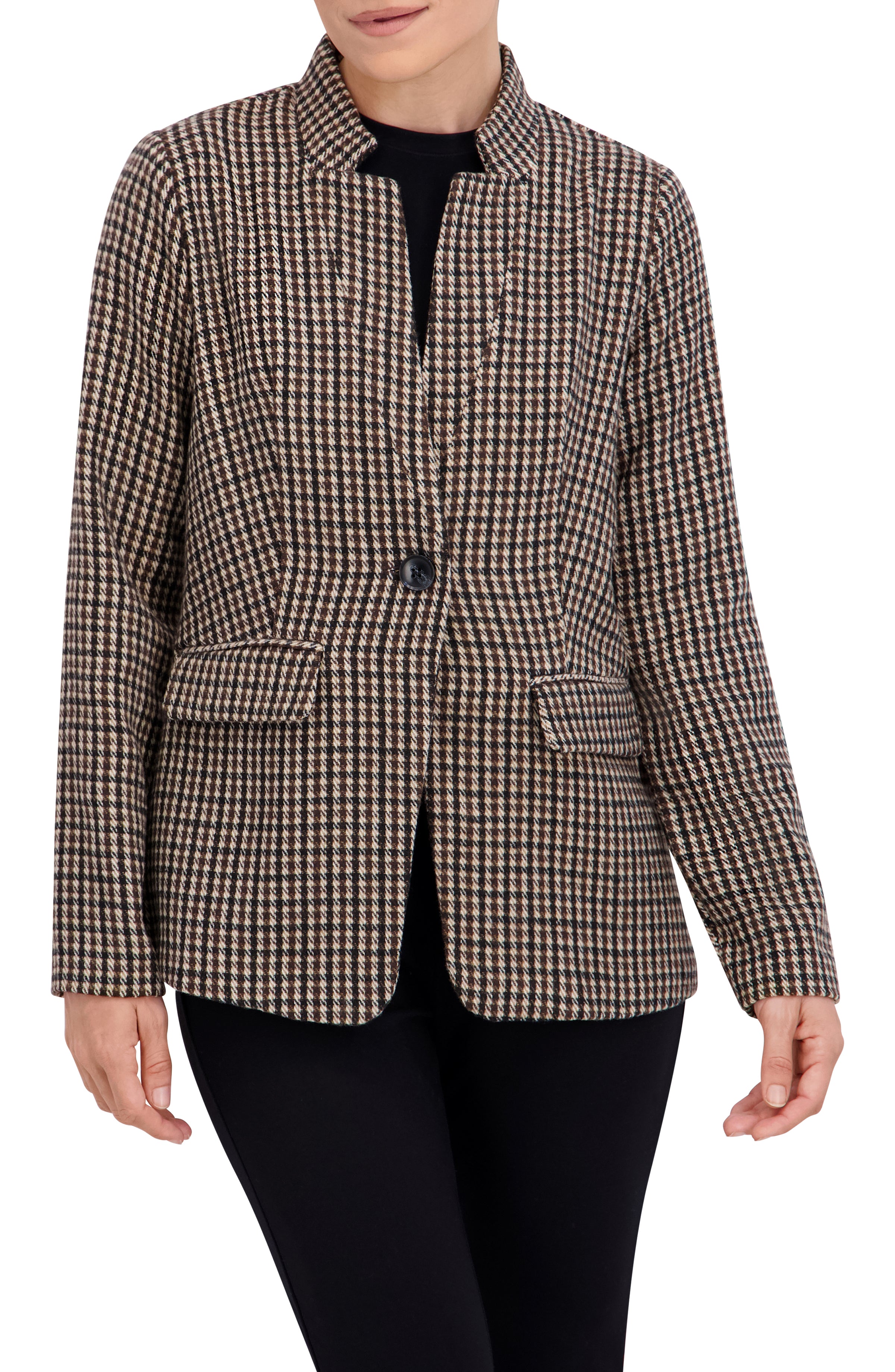 Inverted Collar Plaid One Button Unlined Blazer
