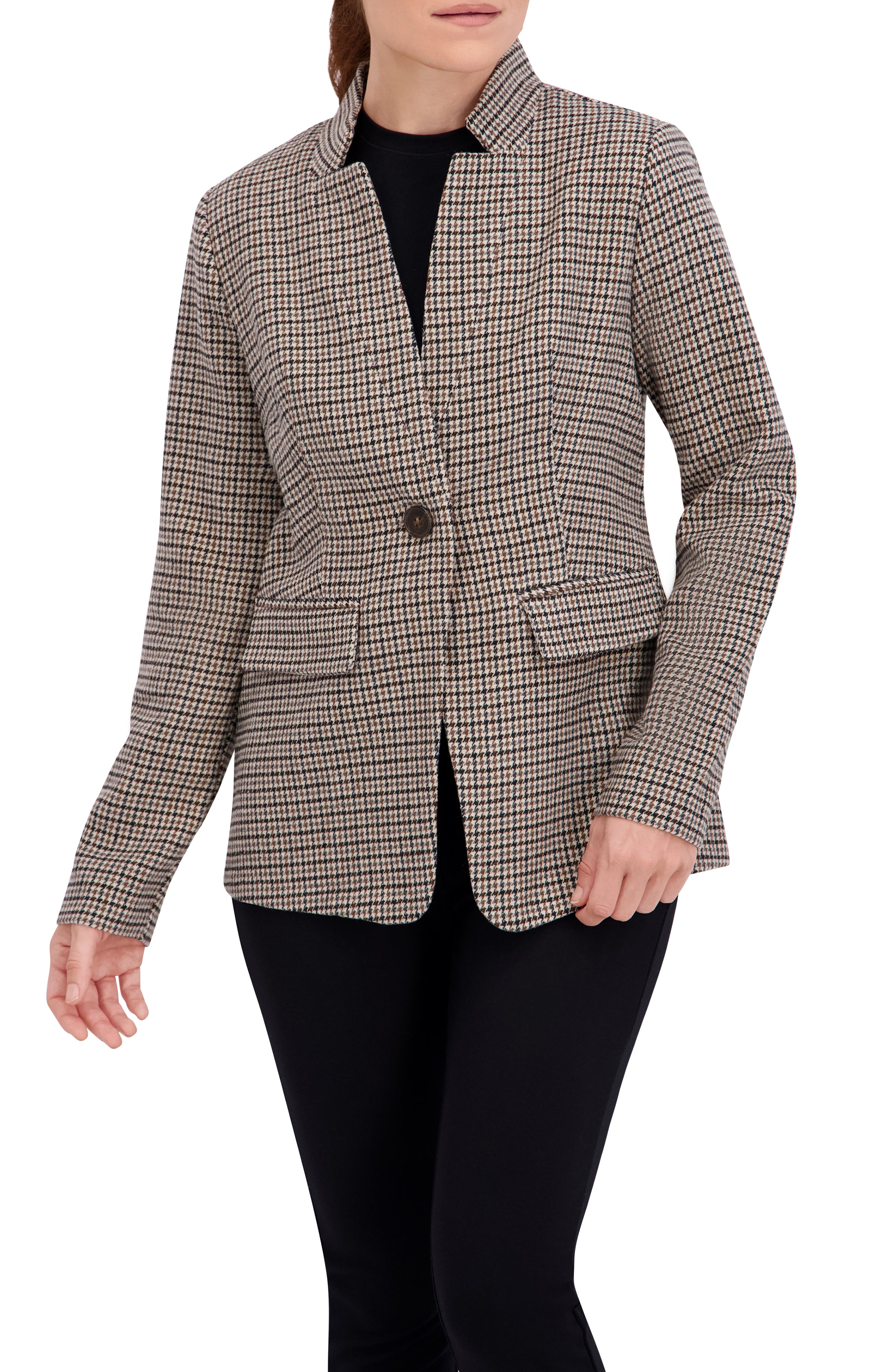 Inverted Collar Plaid One Button Unlined Blazer