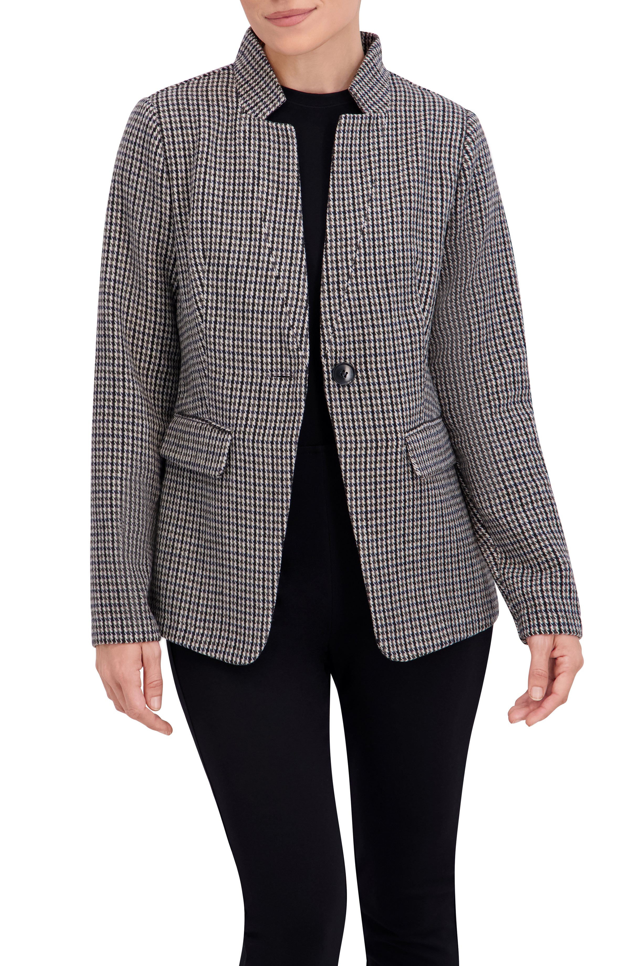 Inverted Collar Plaid One Button Unlined Blazer