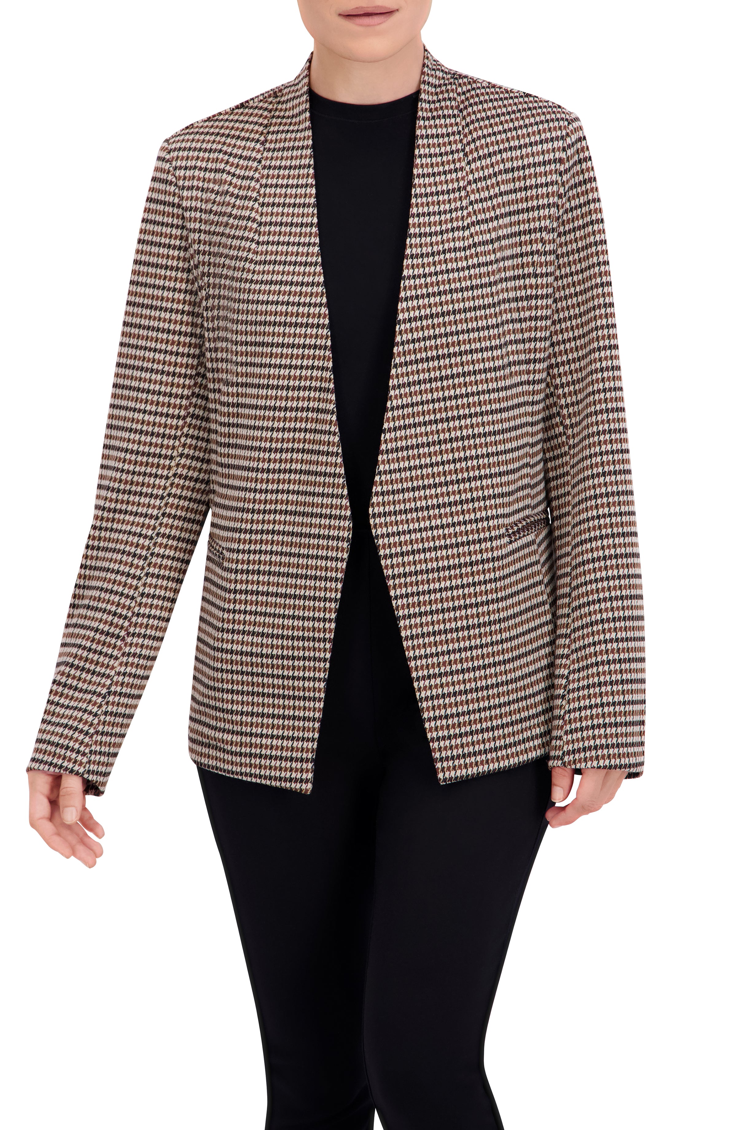 Collarless Open Front Menswear Plaid Unlined Blazer