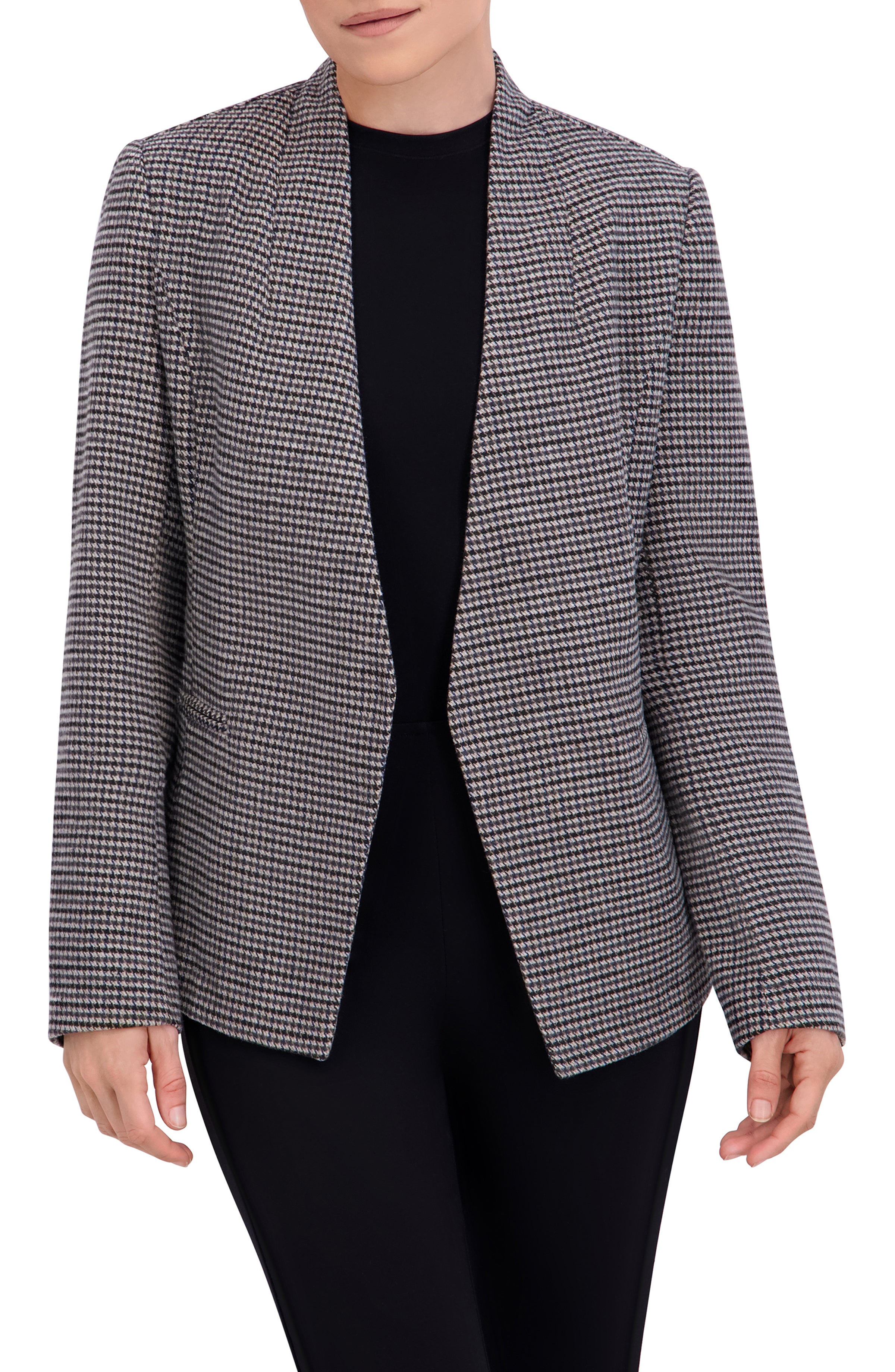 Collarless Open Front Menswear Plaid Unlined Blazer