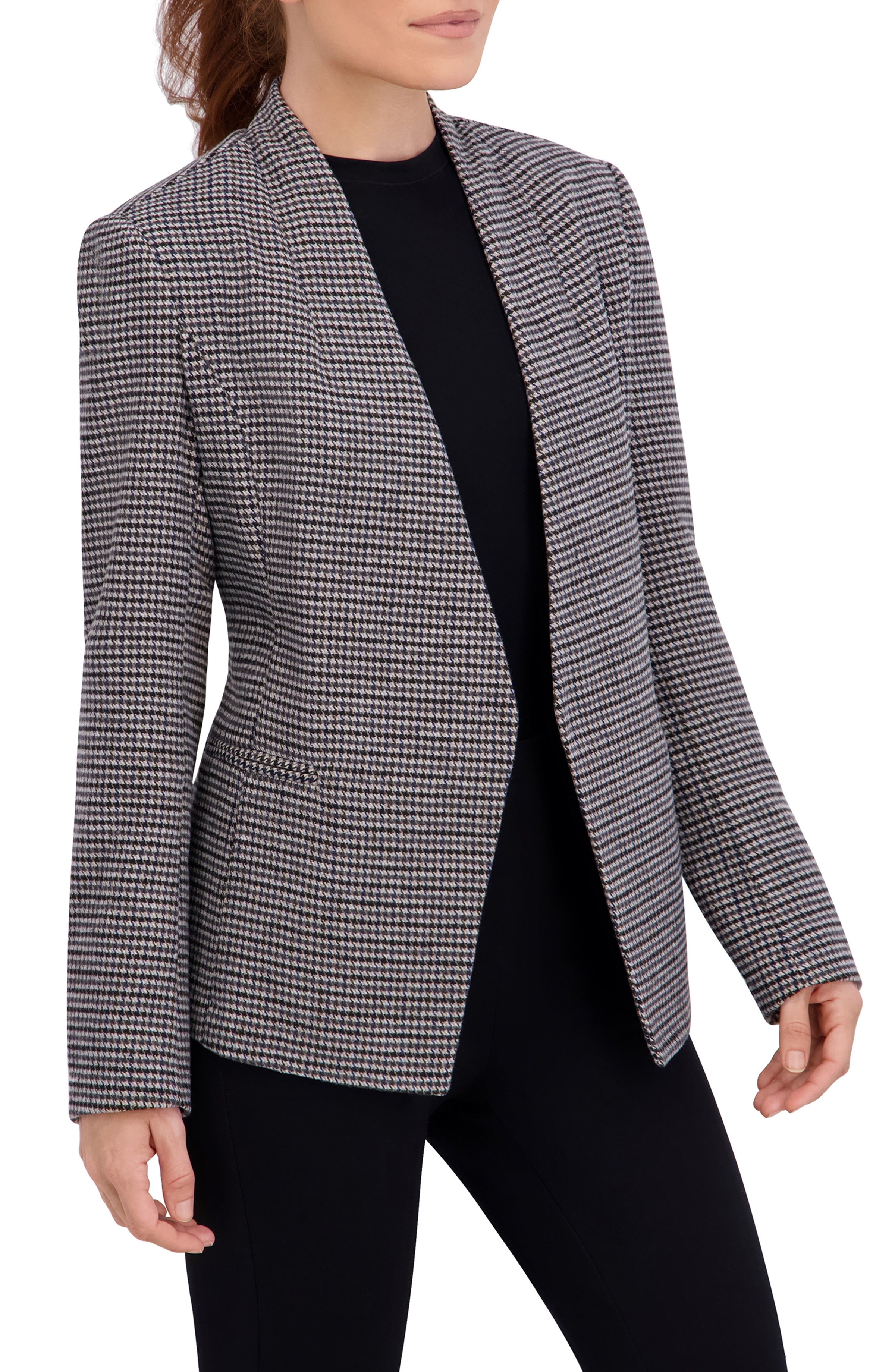 Collarless Open Front Menswear Plaid Unlined Blazer