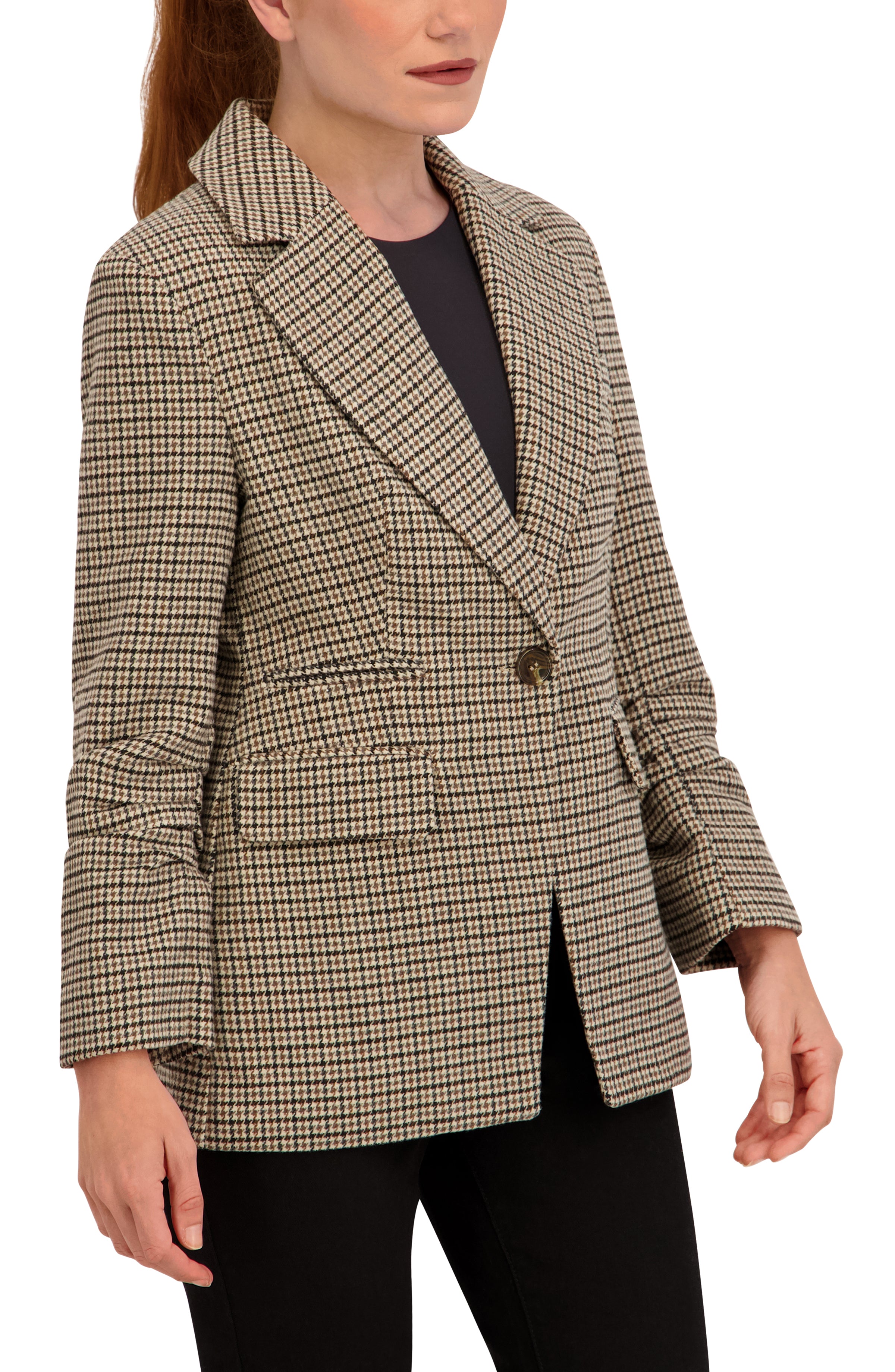 Ruched Sleeve Plaid Blazer