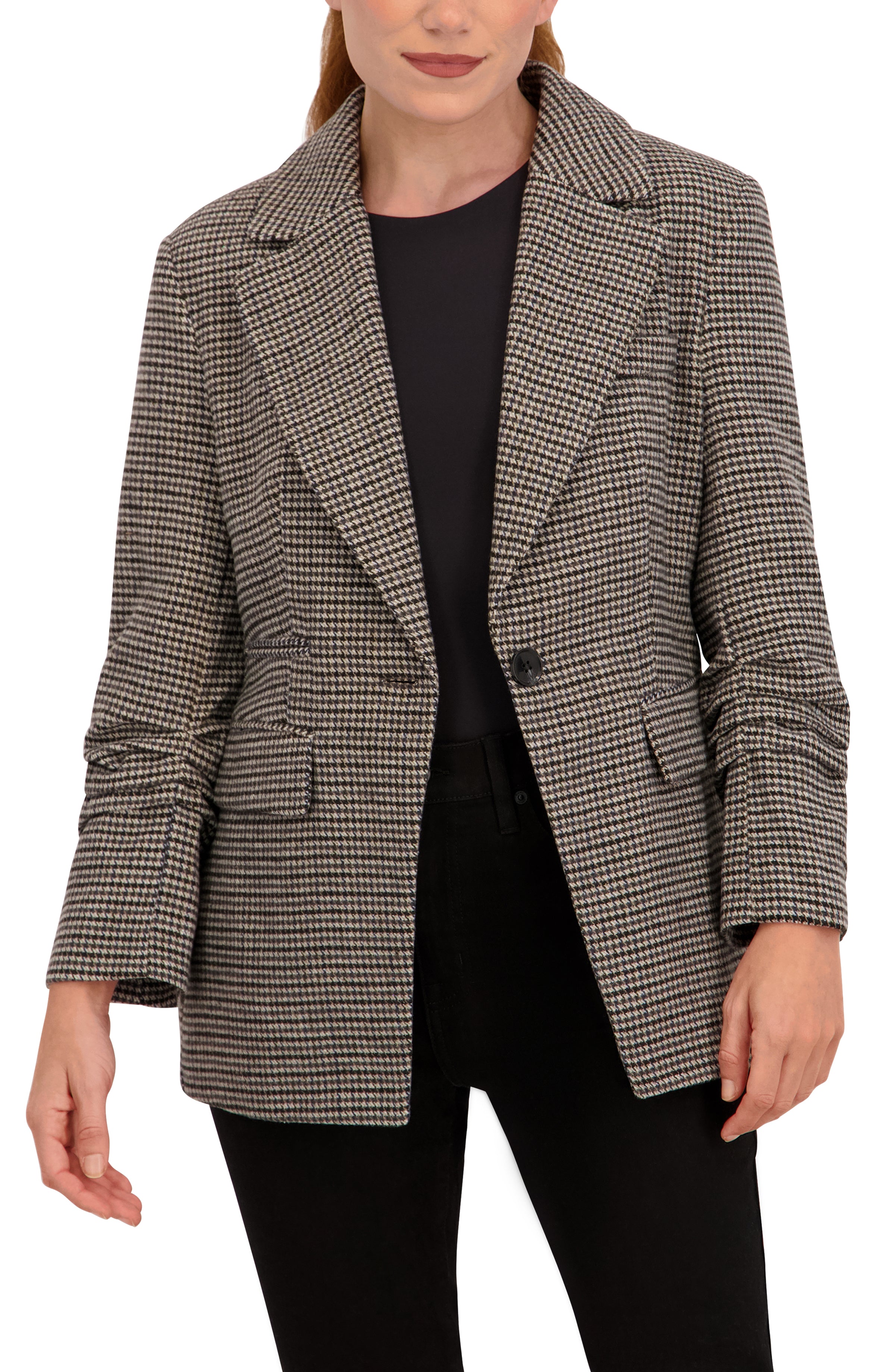 Ruched Sleeve Plaid Blazer
