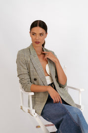 Double Breasted Plaid Knit Unlined Blazer