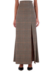 Plaid knit high waisted maxi skirt with front vent