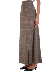 Plaid knit high waisted maxi skirt with front vent