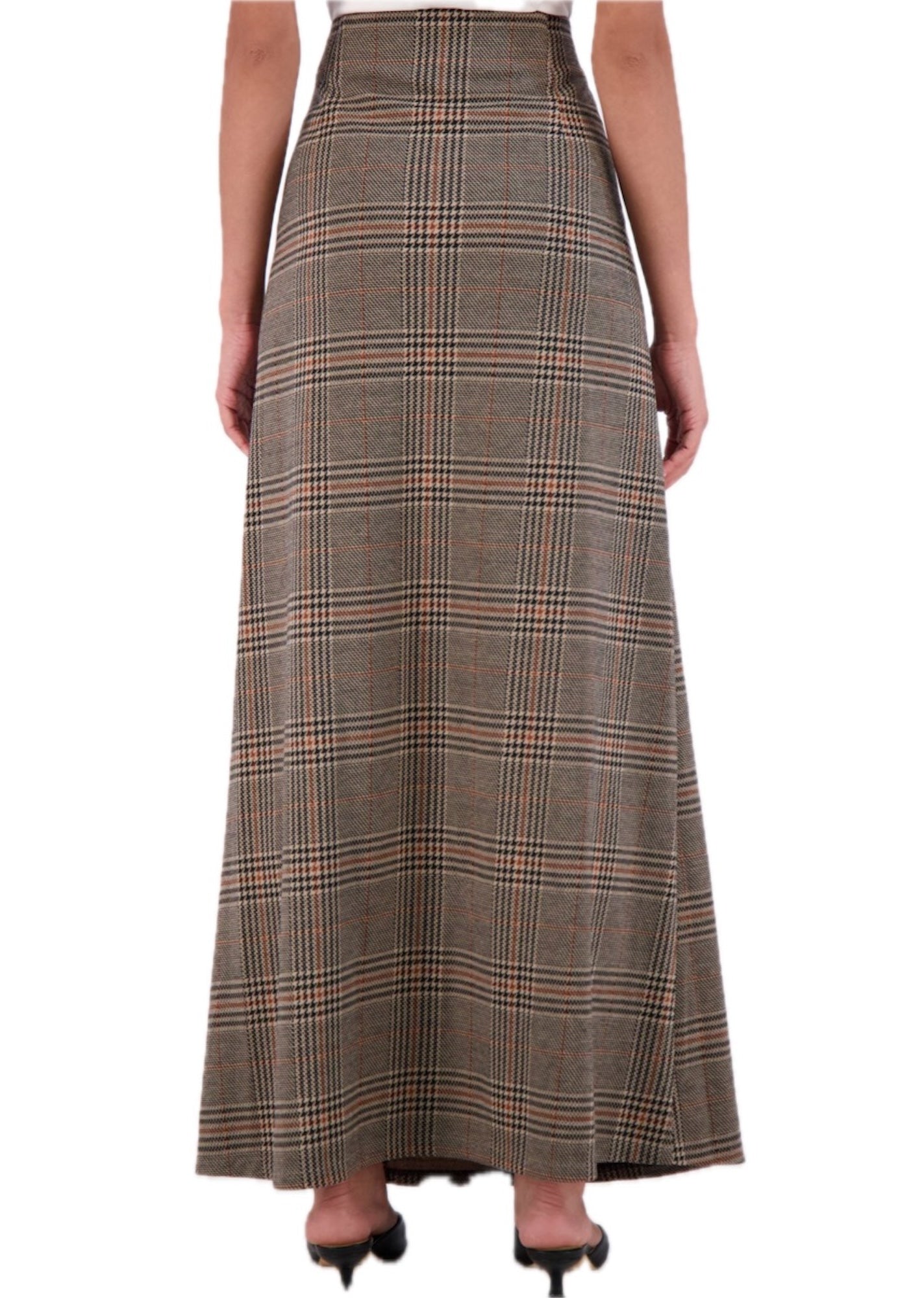 Plaid knit high waisted maxi skirt with front vent