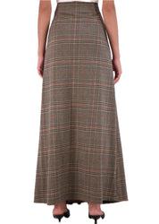 Plaid knit high waisted maxi skirt with front vent