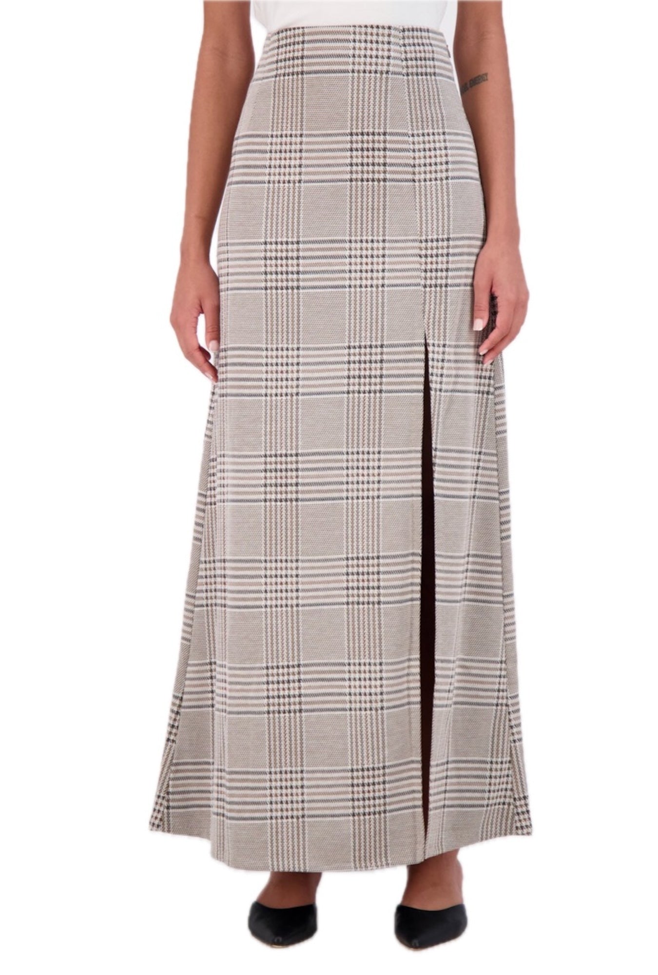 Plaid knit high waisted maxi skirt with front vent