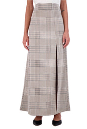 Plaid knit high waisted maxi skirt with front vent