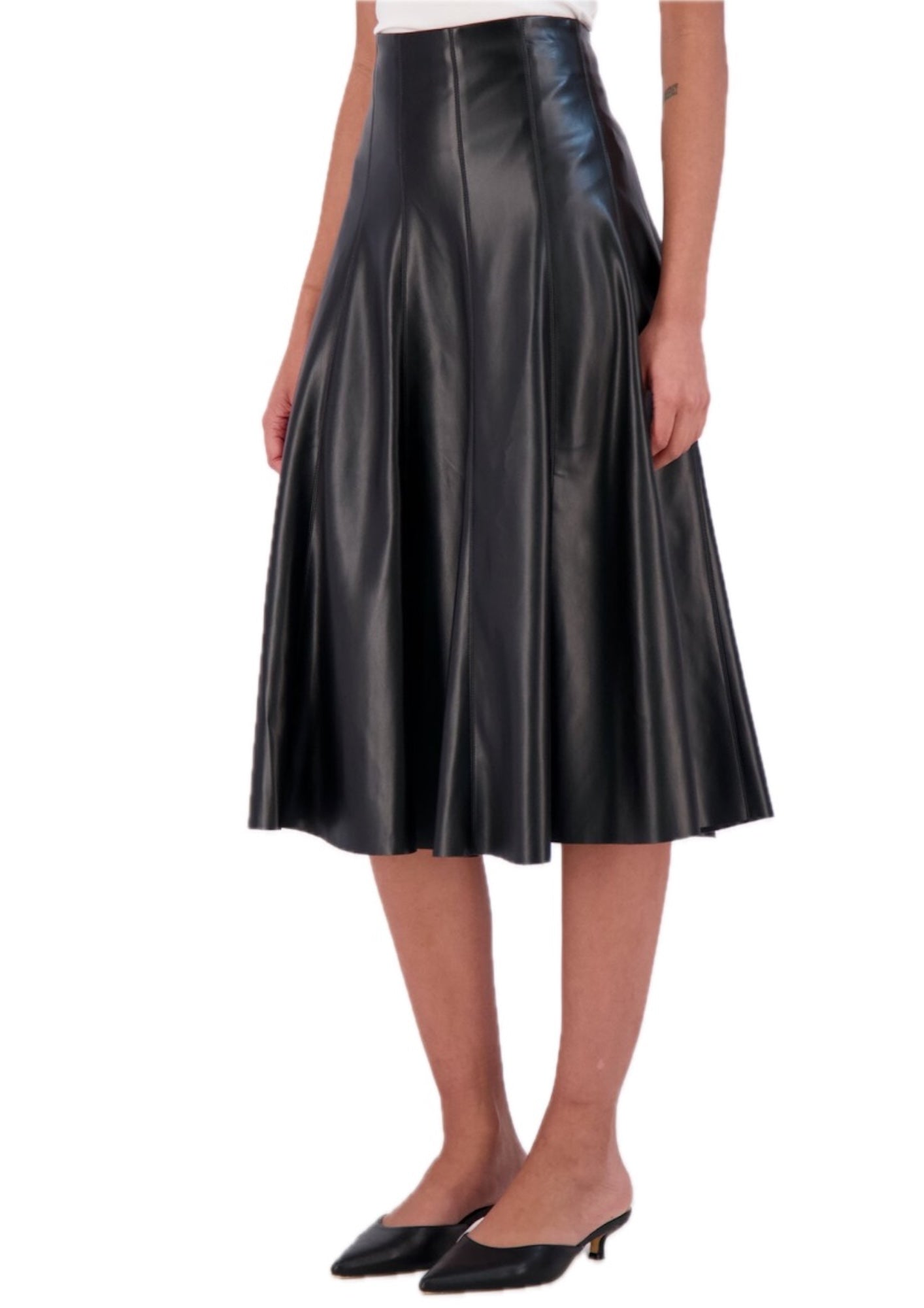 Super soft vegan leather high waisted midi flounce skirt