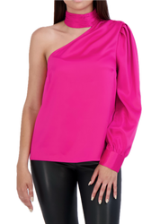 One Shoulder Puff Sleeve Satin Top