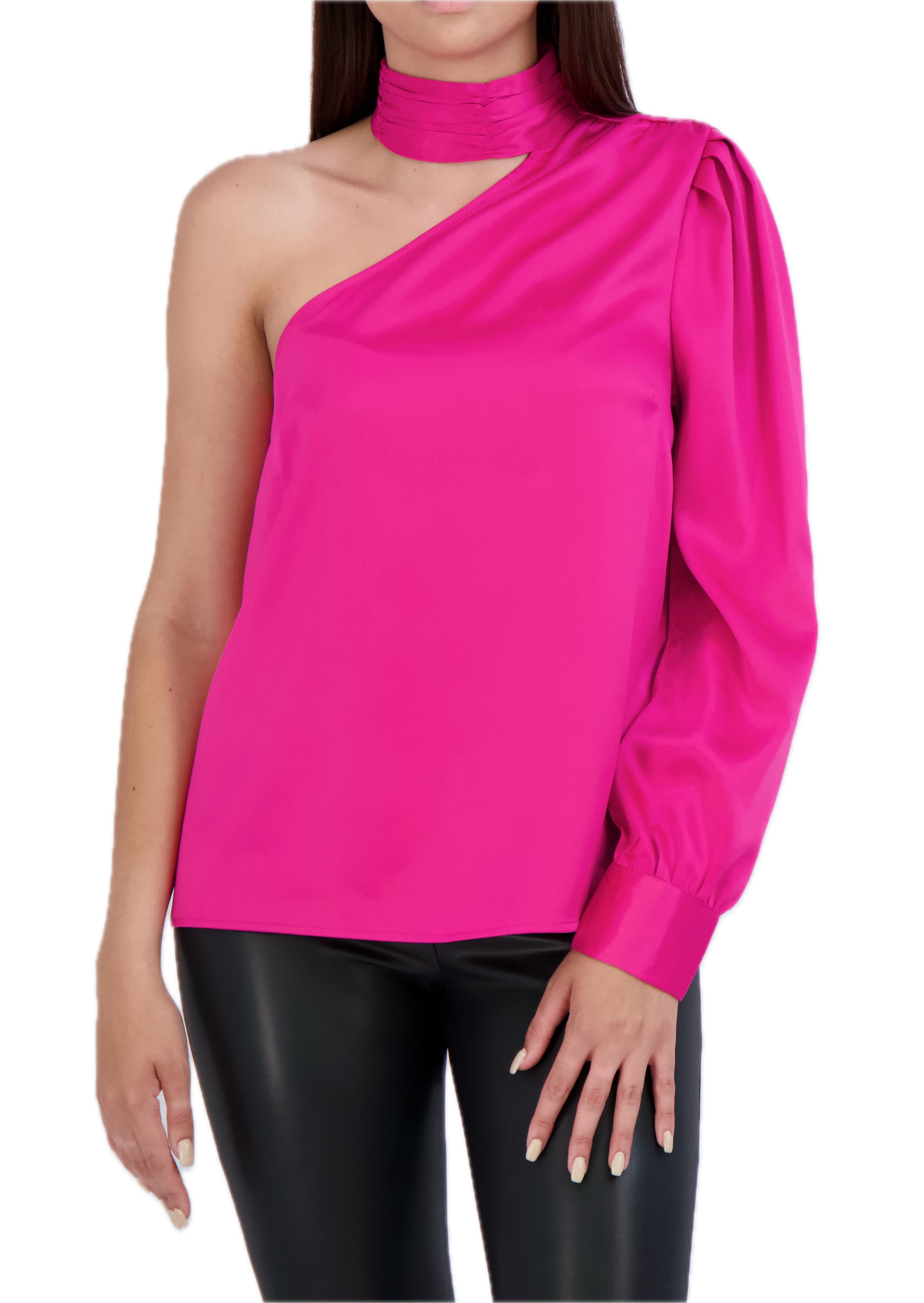 One Shoulder Puff Sleeve Satin Top