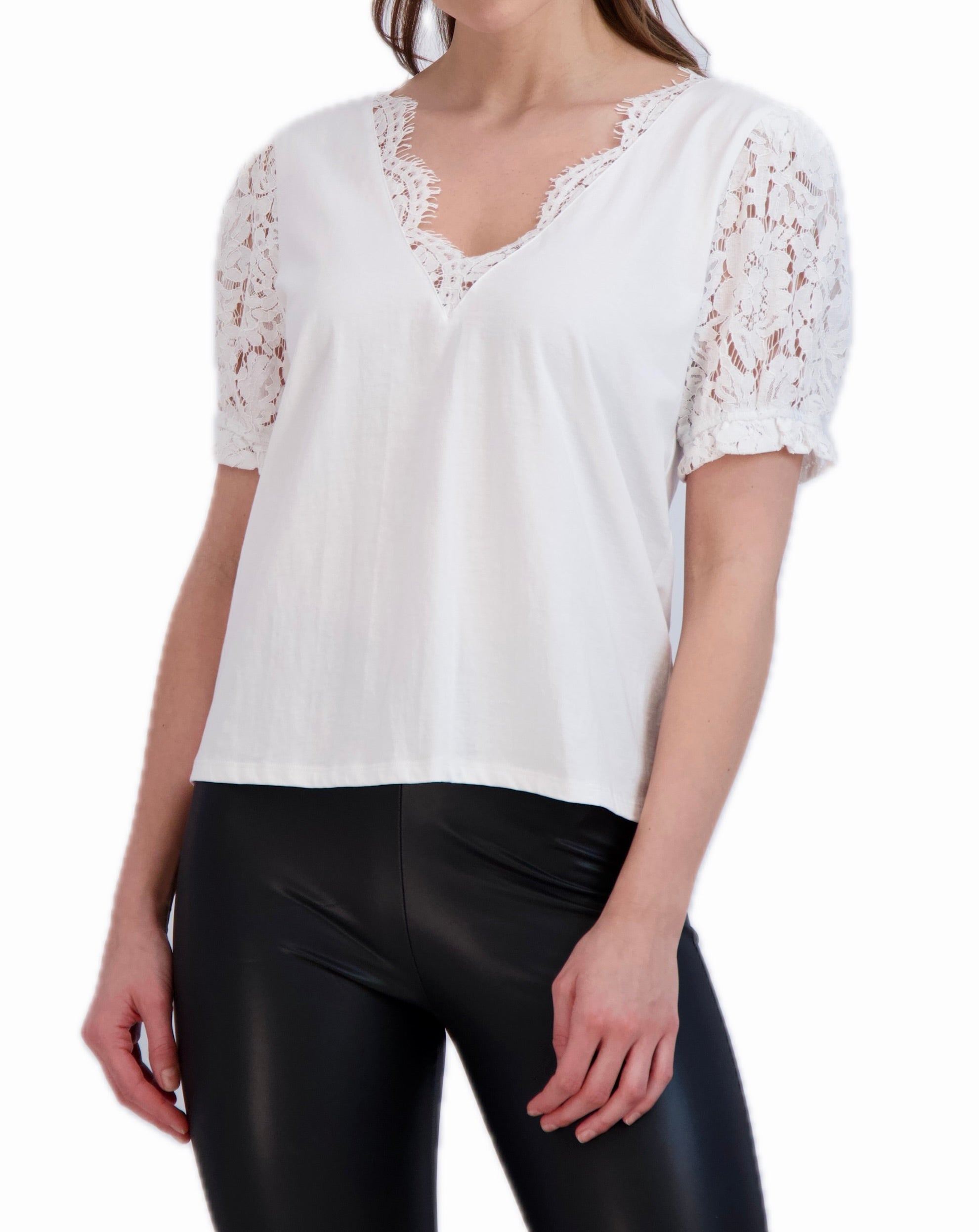 V-Neck Top with Lace Trim Collar and Sleeves