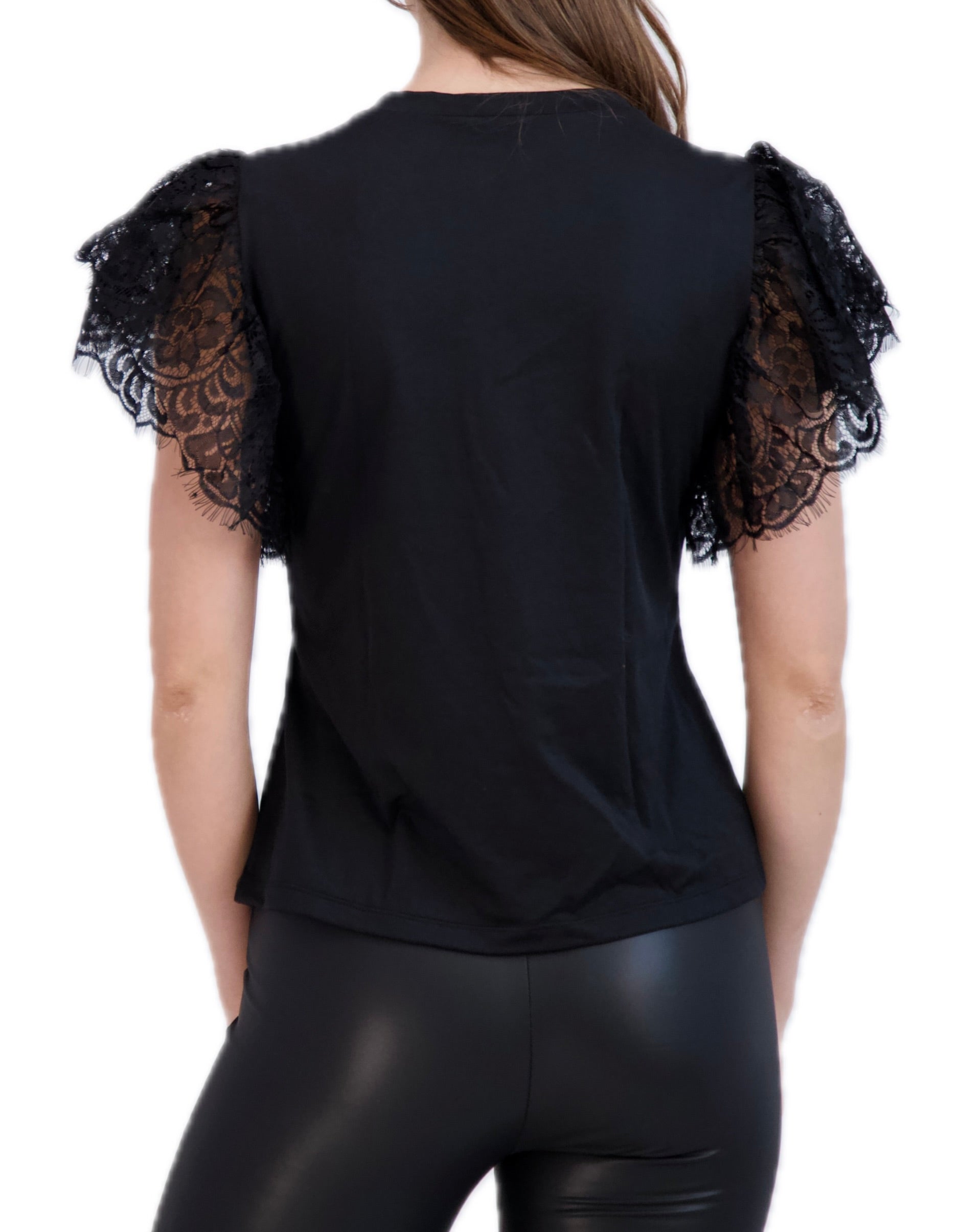 Crew Neck Top with Lace Shoulder Detail
