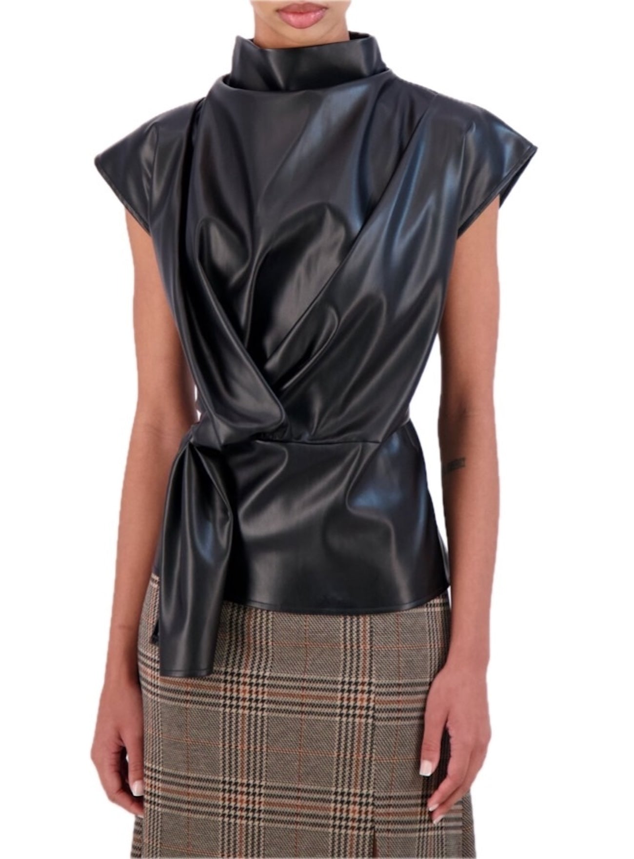 Super soft sleeveless vegan leather blouse with faux side tie