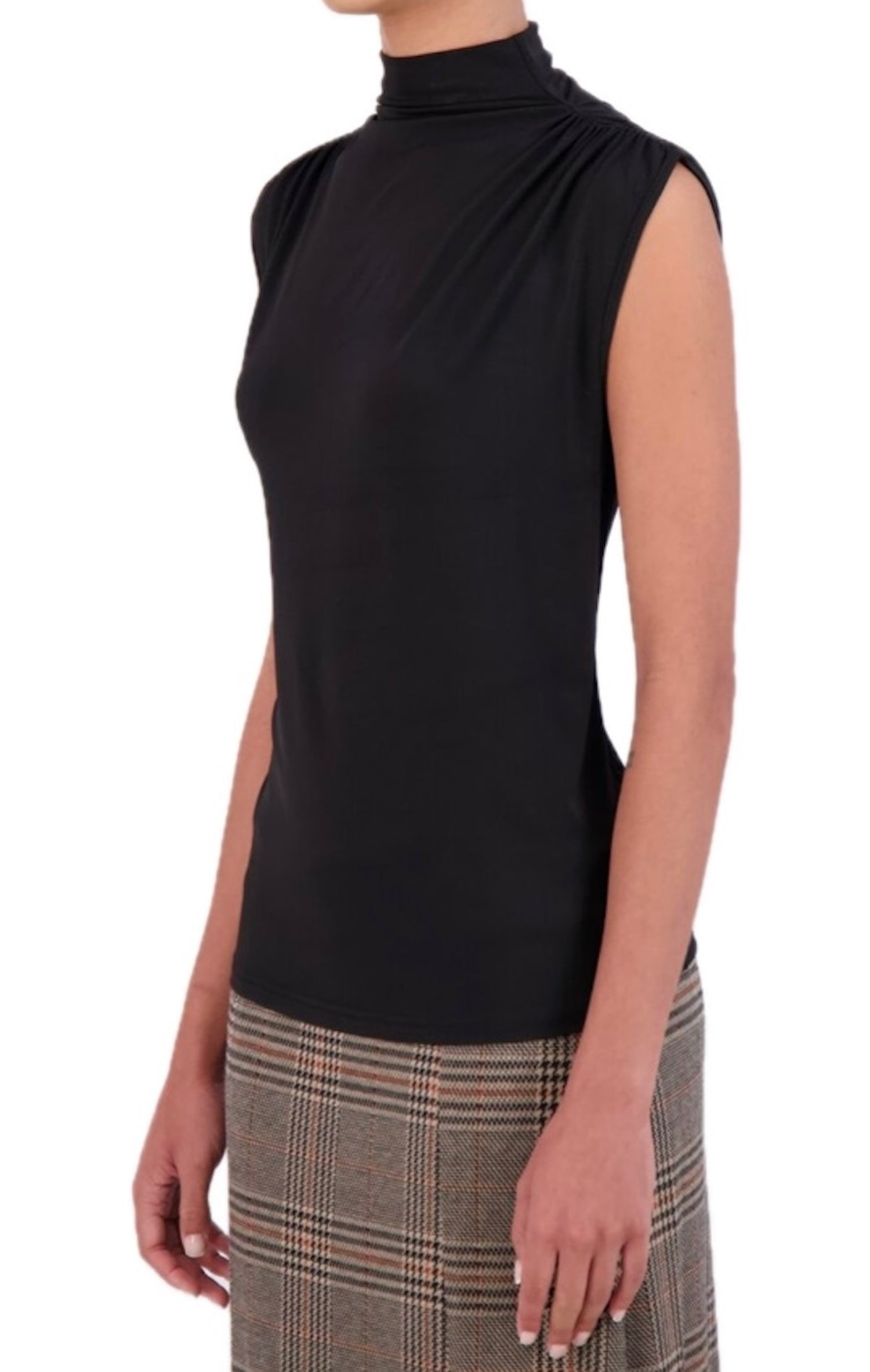 Sleeveless mock turtleneck blouse with rouching detail