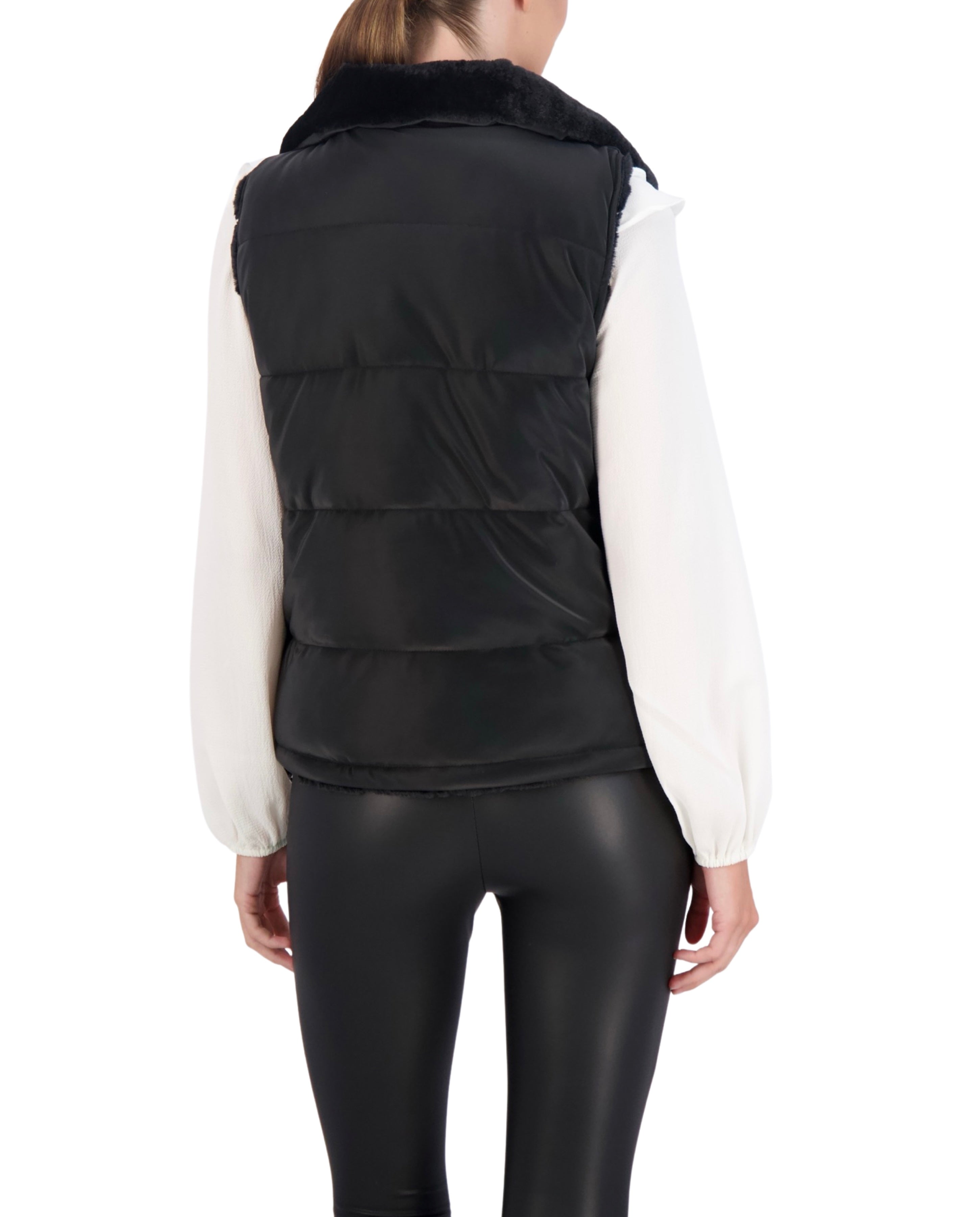 Carbon Puffer Vest Reversible to Grooved Faux Fur