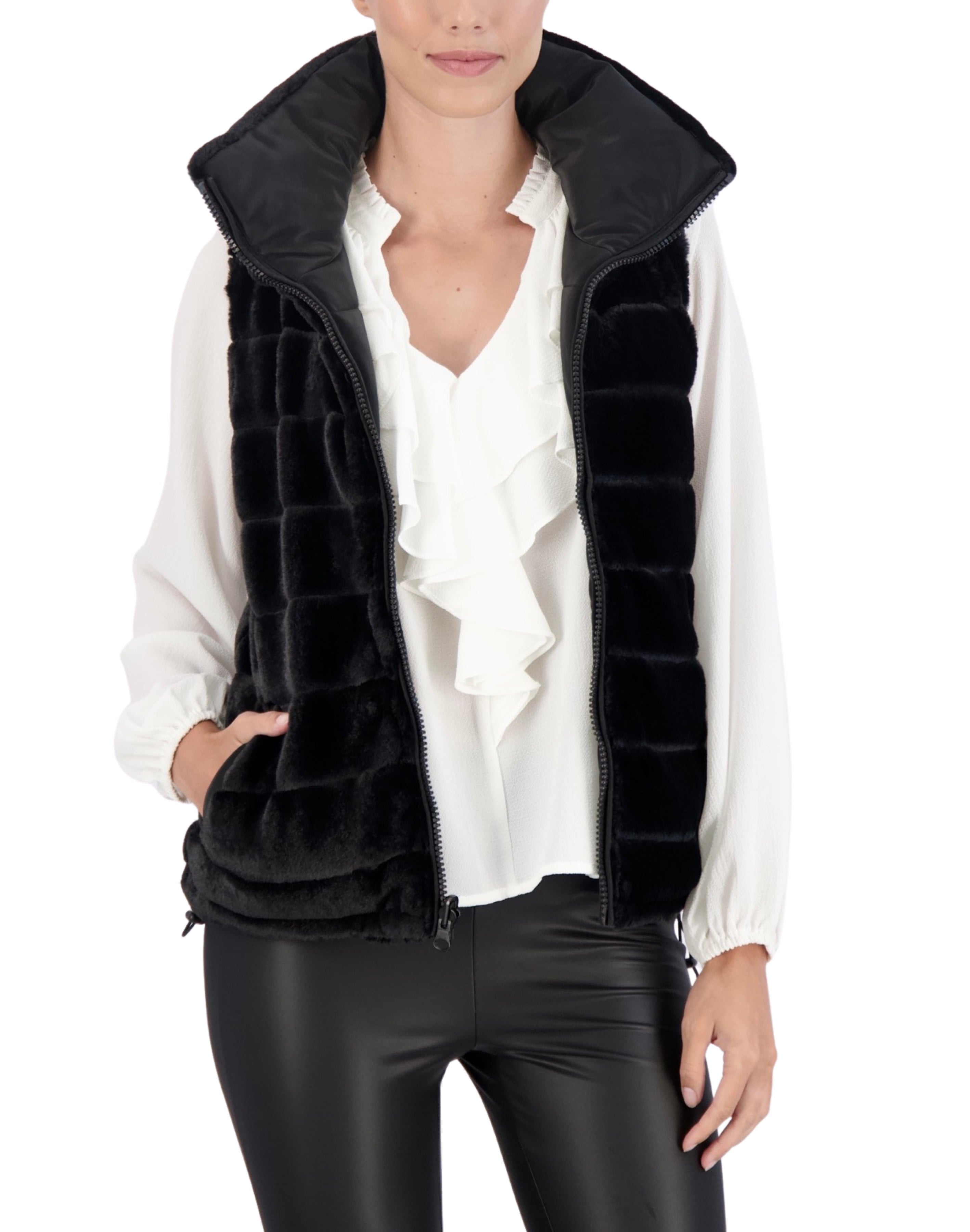 Carbon Puffer Vest Reversible to Grooved Faux Fur