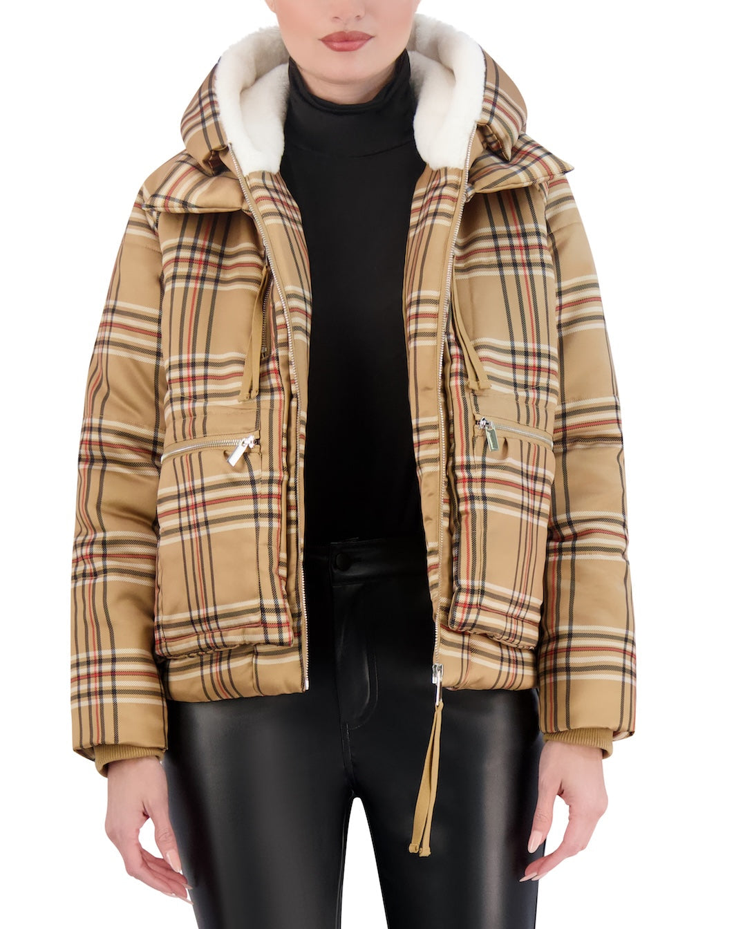Brown Cropped Check Puffer Jacket Cropped Plaid Utility Puffer