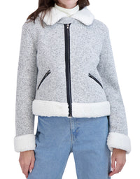 Sweater Bonded to Sherpa - CF Zip Moto with Detach Hood - Heather Grey / Medium