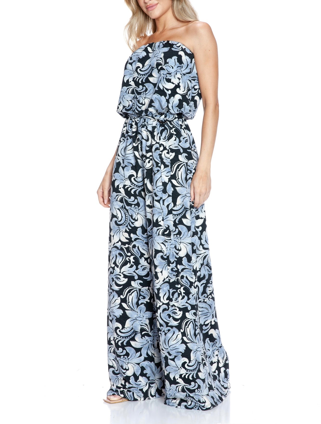 Printed Strapless Wide Leg Jumpsuit
