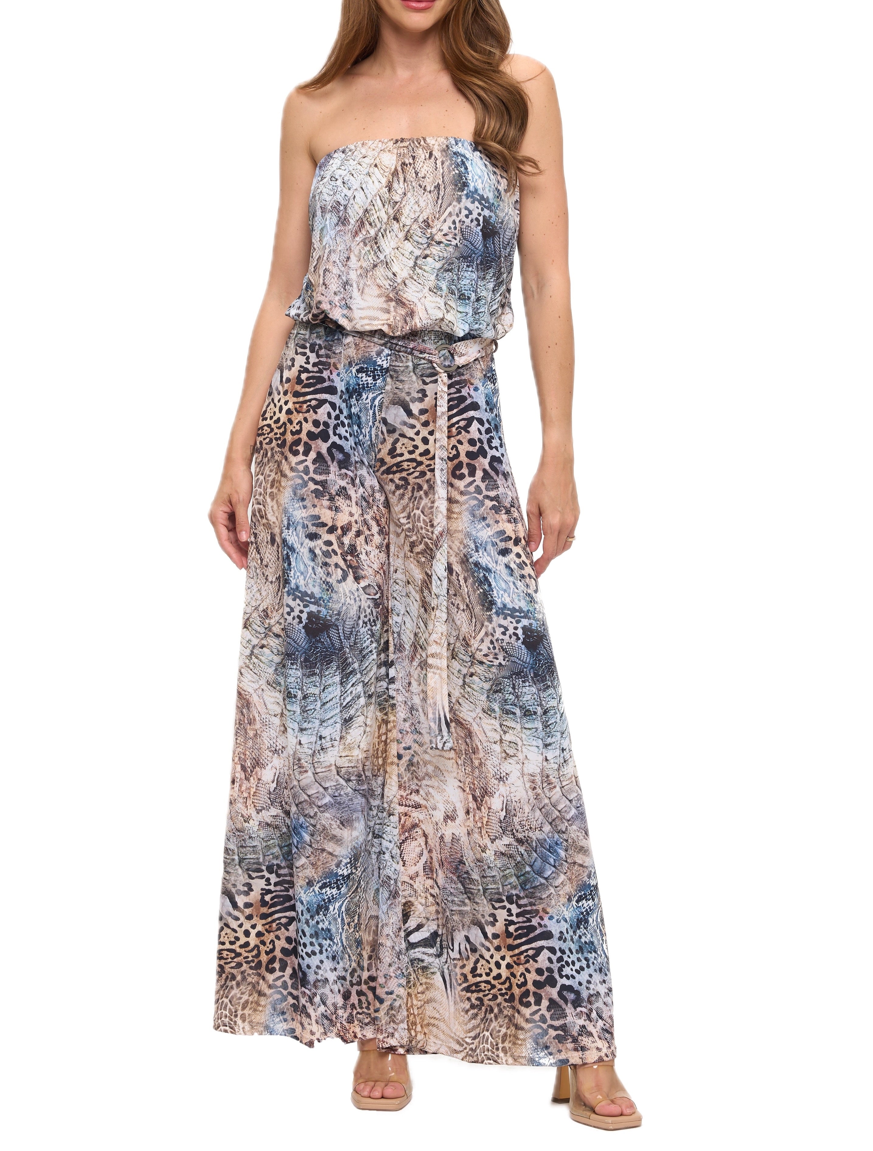 Printed Strapless Wide Leg Jumpsuit
