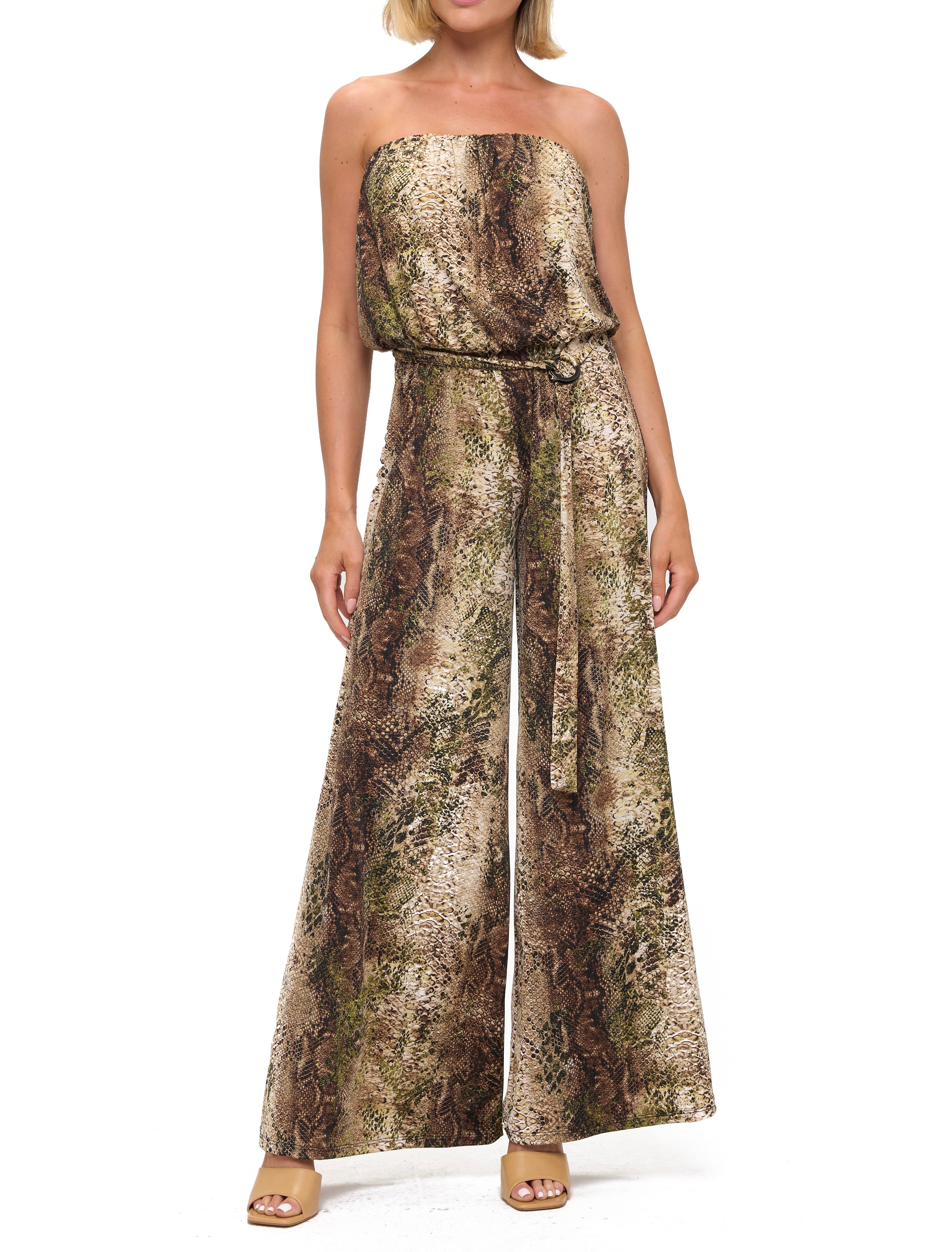 Printed Strapless Wide Leg Jumpsuit
