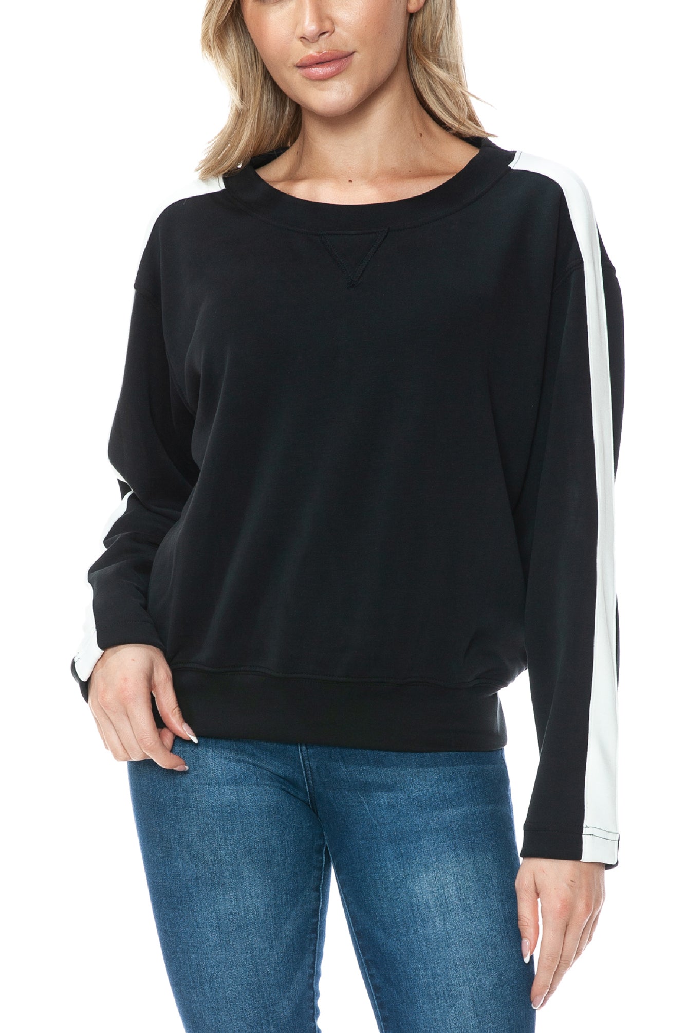 Modal Scuba Knit Crew Neck w/Stripe Sleeve
