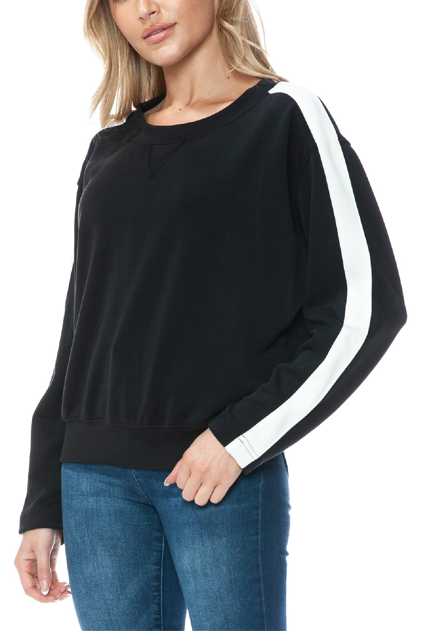 Modal Scuba Knit Crew Neck w/Stripe Sleeve