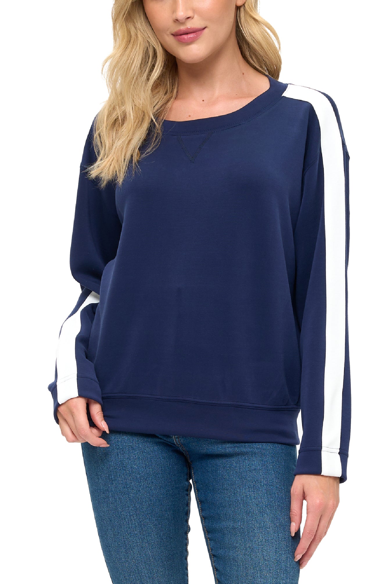 Modal Scuba Knit Crew Neck w/Stripe Sleeve