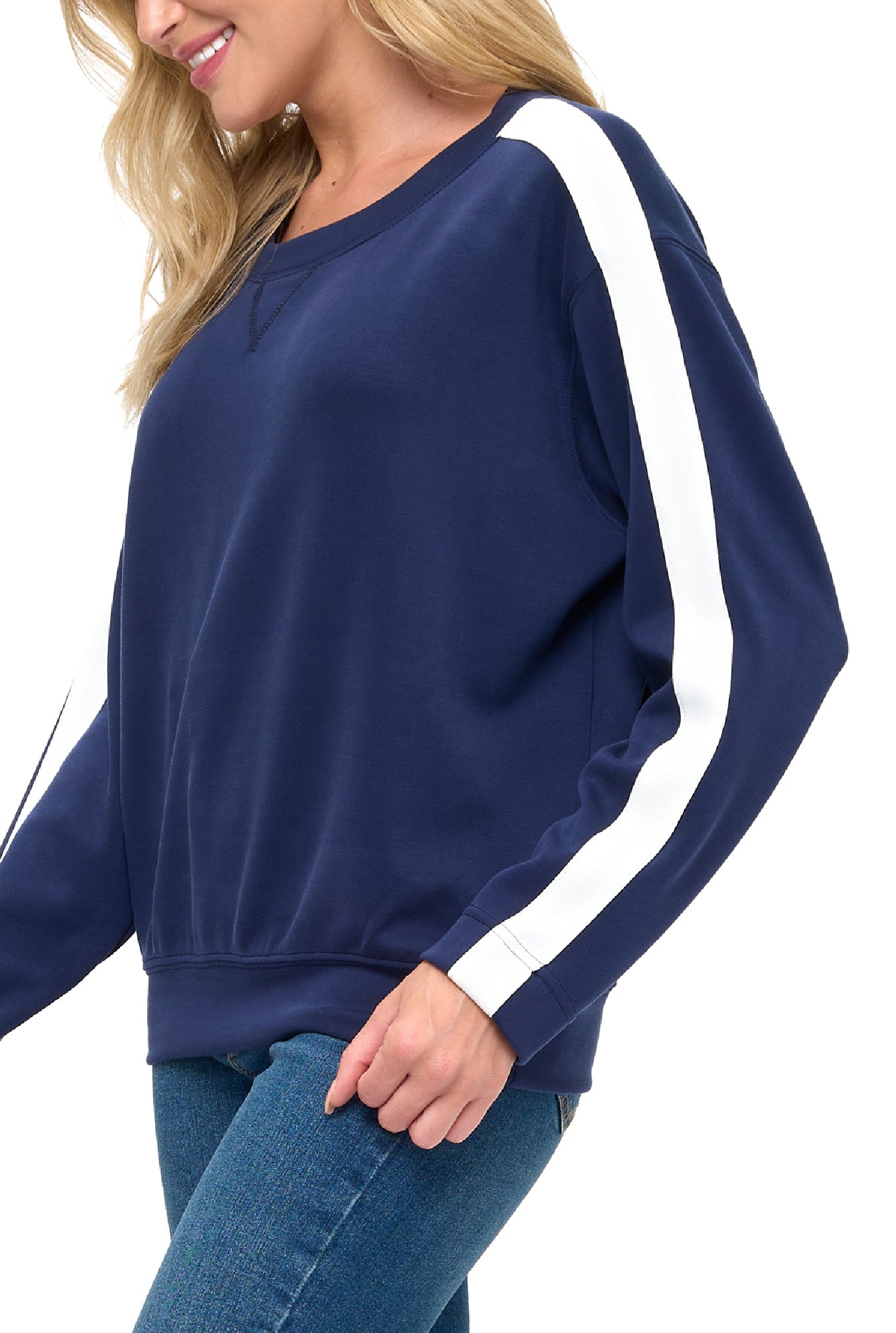 Modal Scuba Knit Crew Neck w/Stripe Sleeve