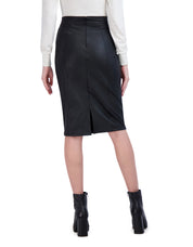 OL422003 - Faux Button Front Textured Vegan Leather Pencil Skirt with Front Vent - Ookie & Lala